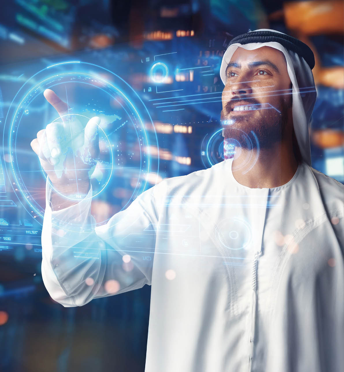 Muslim businessman working with floating data visualization screen