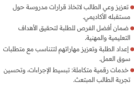 ￼ تعزيز وعي الطالب لاتخاذ قرارات مدروسة حول مستقبله الأكاديمي. ￼ ضمان أفضل الفرص للطلبة لتحقيق الأهداف التعليمية والم...