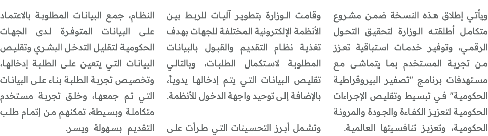 ويأتي إطلاق هذه النسخة ضمن مشروع متكامل أطلقته الوزارة لتحقيق التحول الرقمي، وتوفير خدمات استباقية تعزز من تجربة المس...