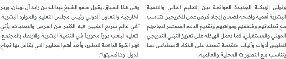 وتولي الهيكلة الجديدة الموائمة بين التعليم العالي والتنمية البشرية أهمية واضحة لضمان إيجاد فرص عمل للخريجين تتناسب مع...