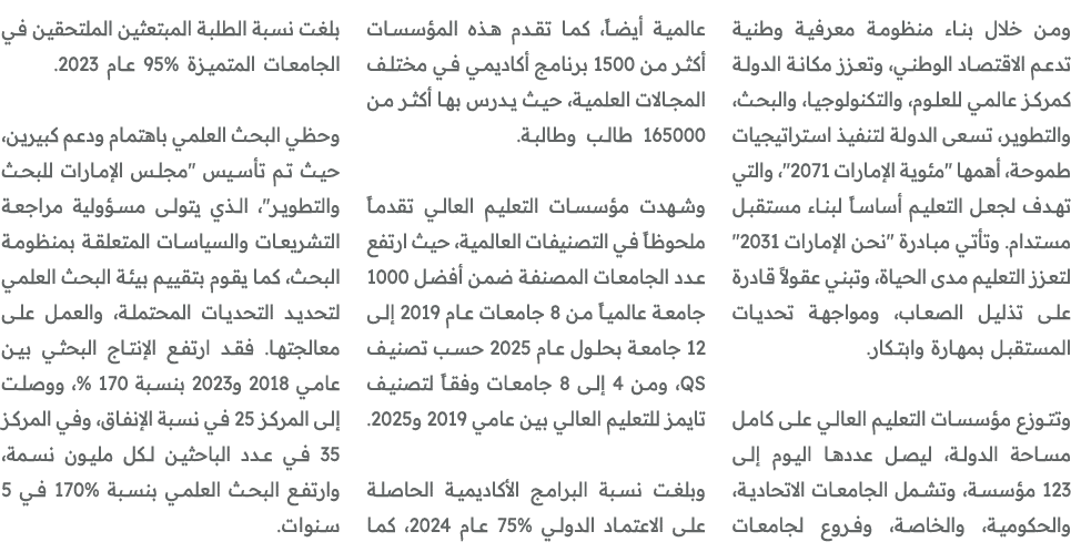 ومن خلال بناء منظومة معرفية وطنية تدعم الاقتصاد الوطني، وتعزز مكانة الدولة كمركز عالمي للعلوم، والتكنولوجيا، والبحث، ...