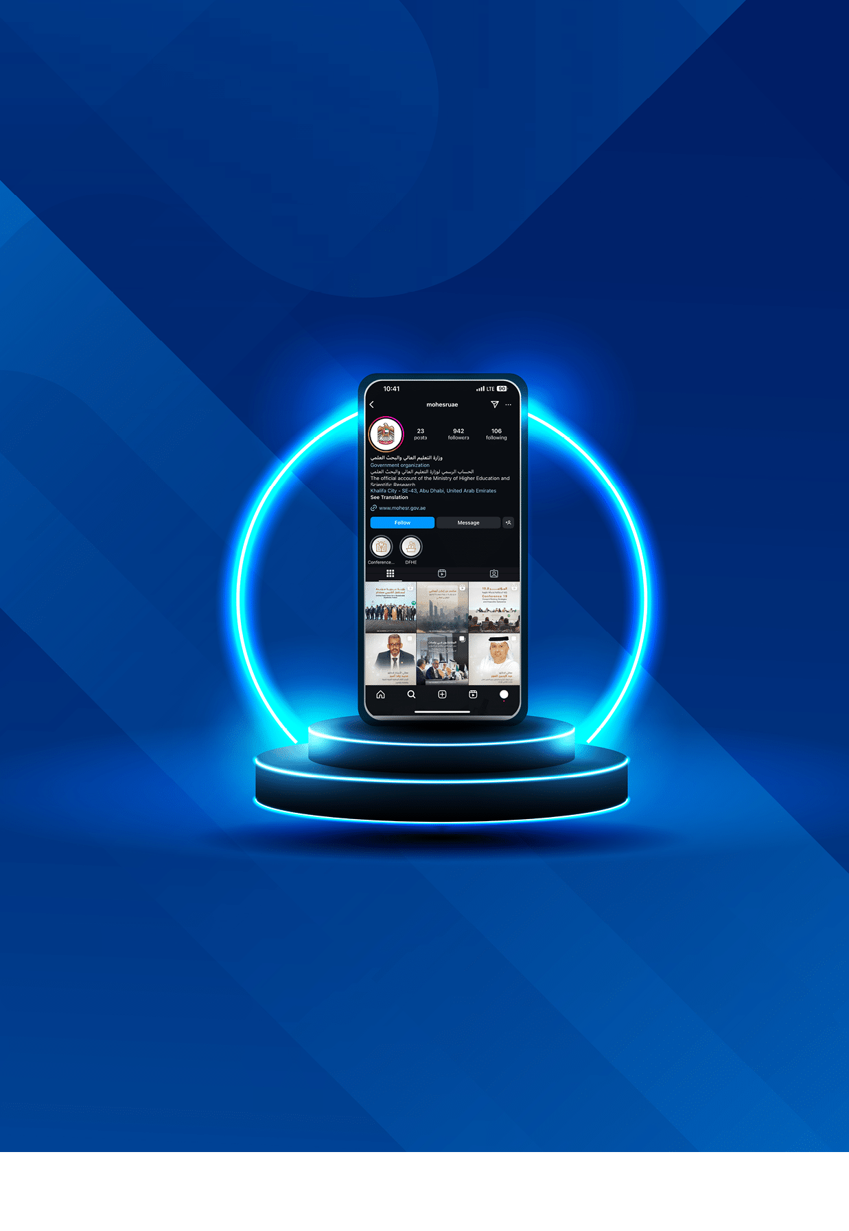 A smartphone on a neon podium with a bright circle in the background.