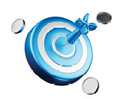 3D blue circle target with arrows, representing the concept of setting goals correctly on a white background. There are silver coins floating around, saving money in the future.