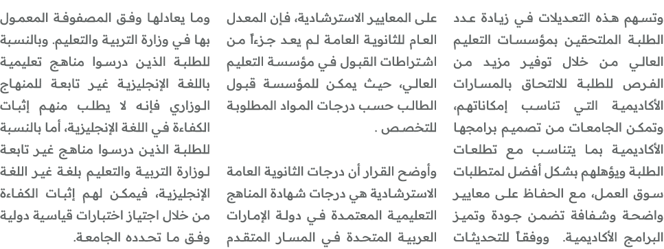 وتسهم هذه التعديلات في زيادة عدد الطلبة الملتحقين بمؤسسات التعليم العالي من خلال توفير مزيد من الفرص للطلبة للالتحاق ...