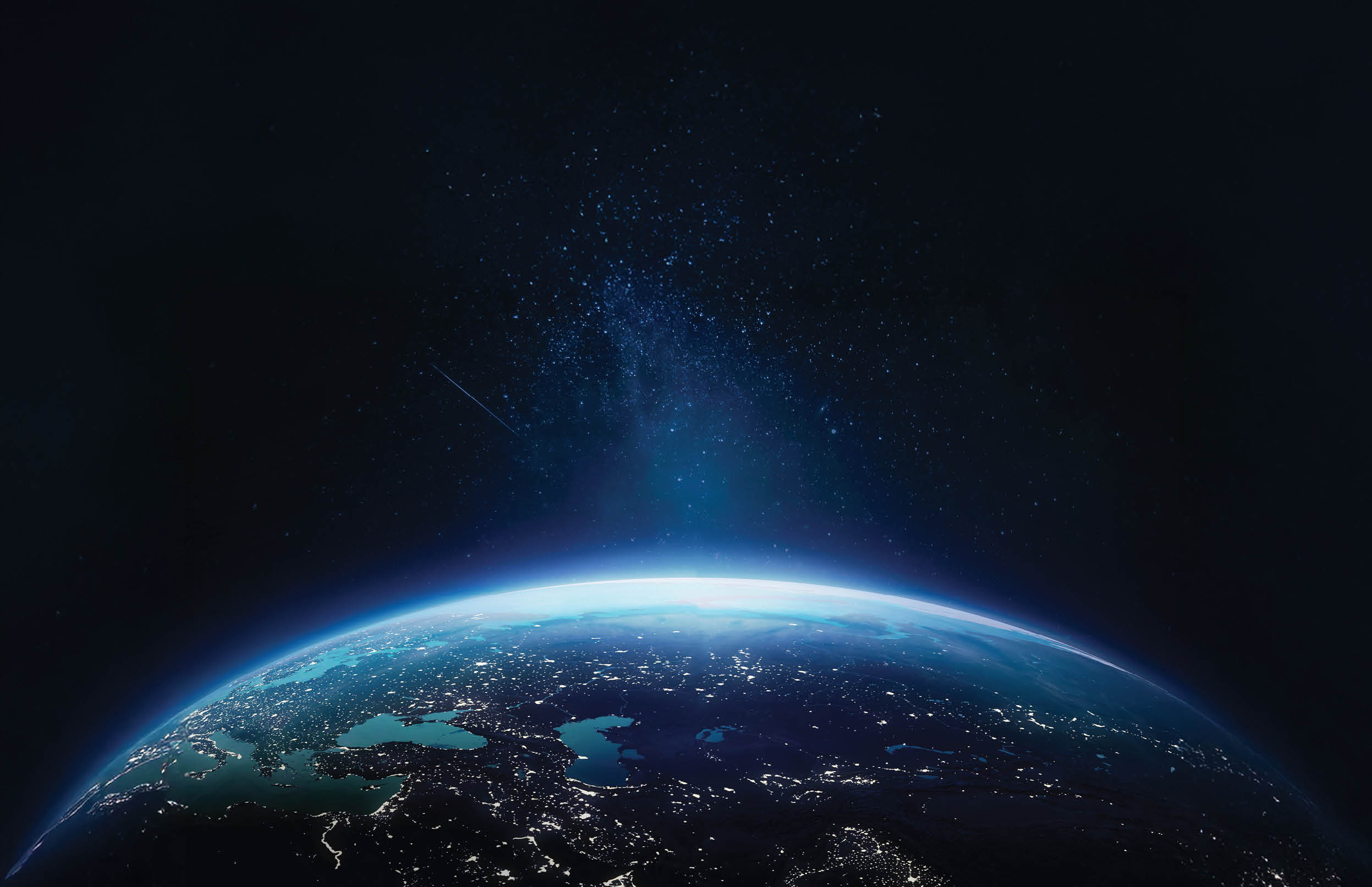 Surface of Earth planet in deep space. Outer dark space wallpaper. Night on planet with cities lights. View from orbit. Elements of this image furnished by NASA