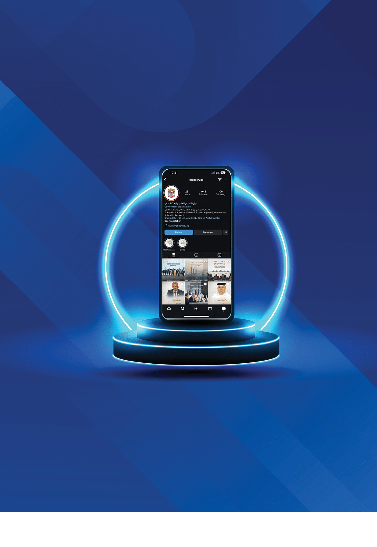 A smartphone on a neon podium with a bright circle in the background.