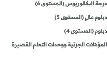درجة البكالوريوس (المستوى 6) دبلوم عالٍ (المستوى 5) دبلوم (المستوى 4) المؤهلات الجزئية ووحدات التعلم القصيرة 