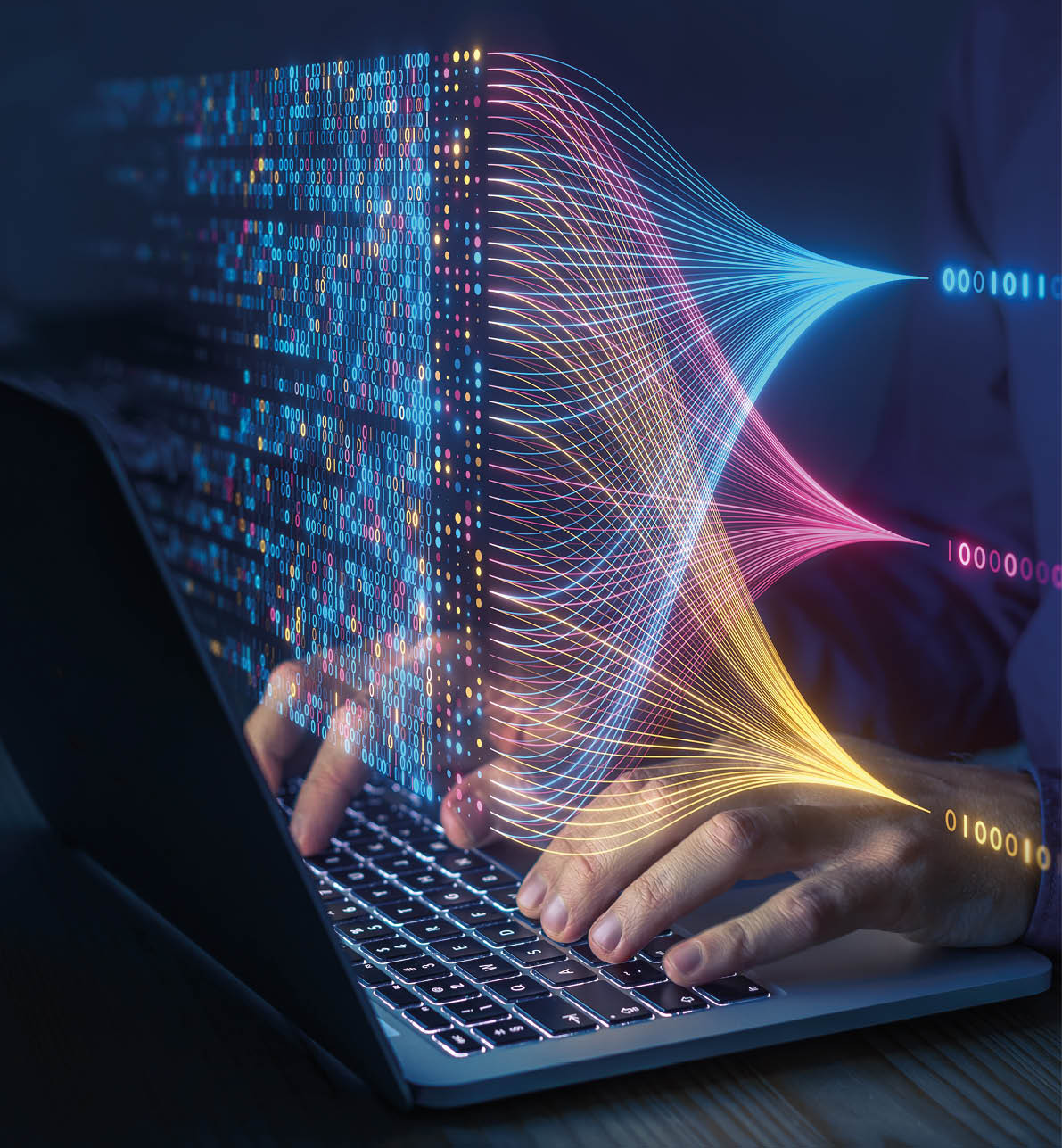 Data science and big data technology. Scientist computing, analysing and visualizing complex data set on computer. Data mining, artificial intelligence, machine learning, business analytics.