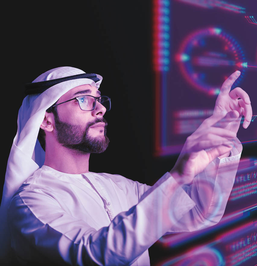 Arab man using hologram, Futuristic user interface concept. Graphical User Interface(GUI). Head up Display(HUD). Internet of things.