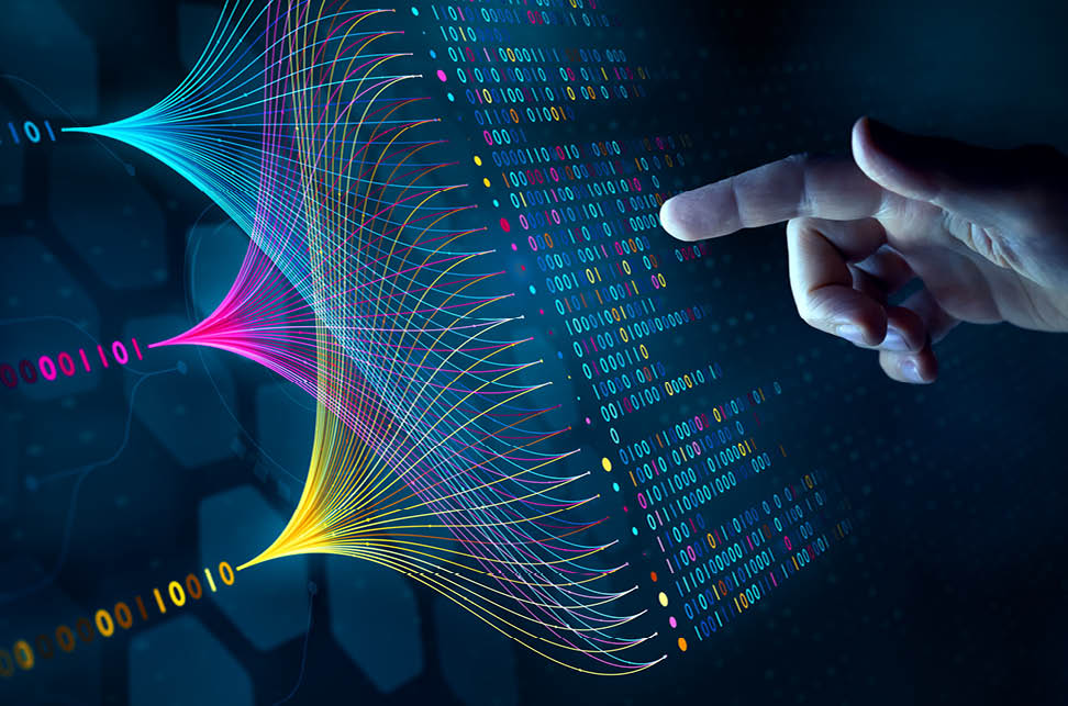 Big data technology and data science. Data scientist querying, analysing and visualizing complex set on virtual screen. Data flow concept. Neural network, artificial intelligence, ML, analytics.
