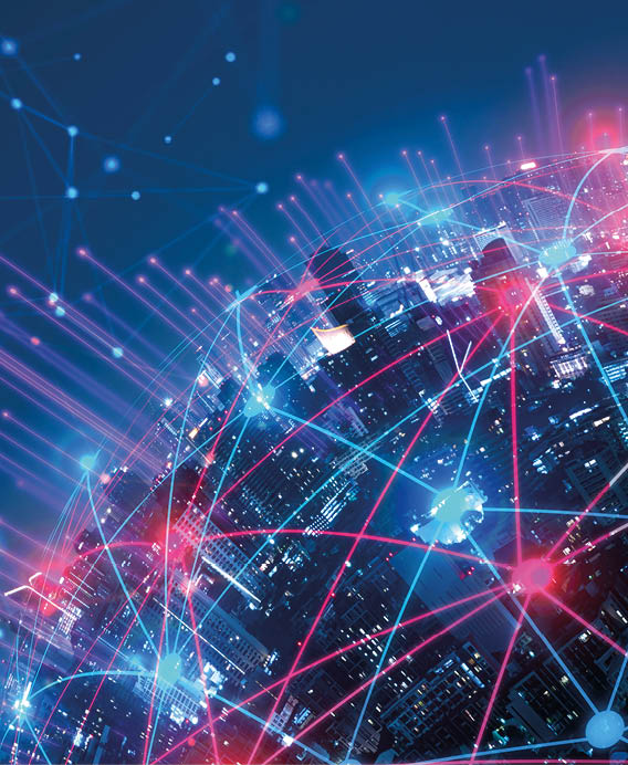 Modern city with wireless network connection and city scape concept.Wireless network and Connection technology concept with city background at night.